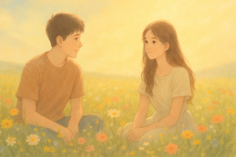 yung kai의 'wildflower'처럼 따뜻하고 순수한 분위기 속, 들꽃밭에 마주 앉은 두 사람이 사랑의 설렘을 담아냅니다.