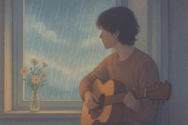 yung kai의 'wildflower'가 전하는 감성처럼, 빗속에서 기타를 치며 창밖을 바라보는 청년의 모습은 사랑과 그리움이 교차하는 장면입니다.