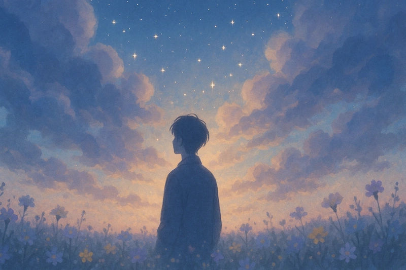 yung kai의 'wildflower'에서 느껴지는 서정성과 희망처럼, 별빛 아래 꽃밭에 선 소년의 뒷모습이 잔잔한 여운을 남깁니다.
