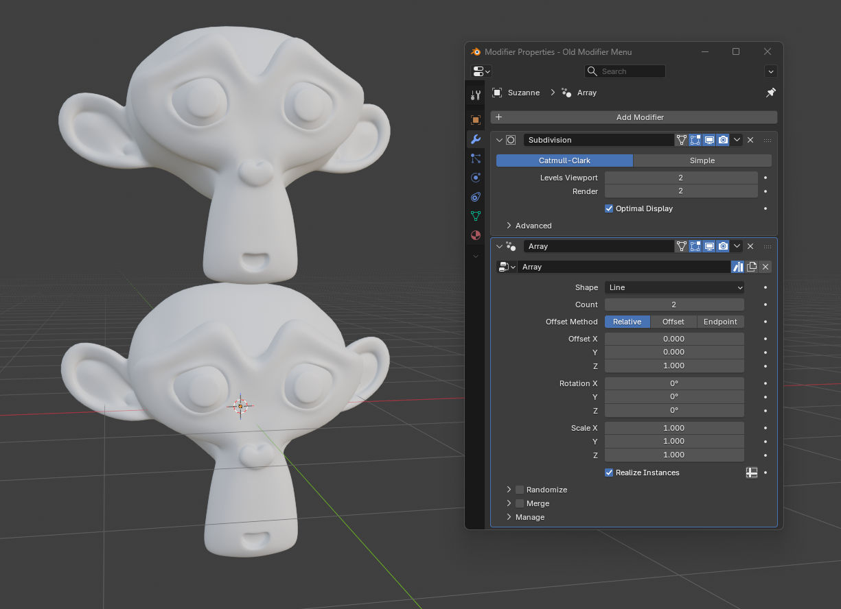 Actual separate Modifier Properties window showing Array, Bevel and Weighted Normal