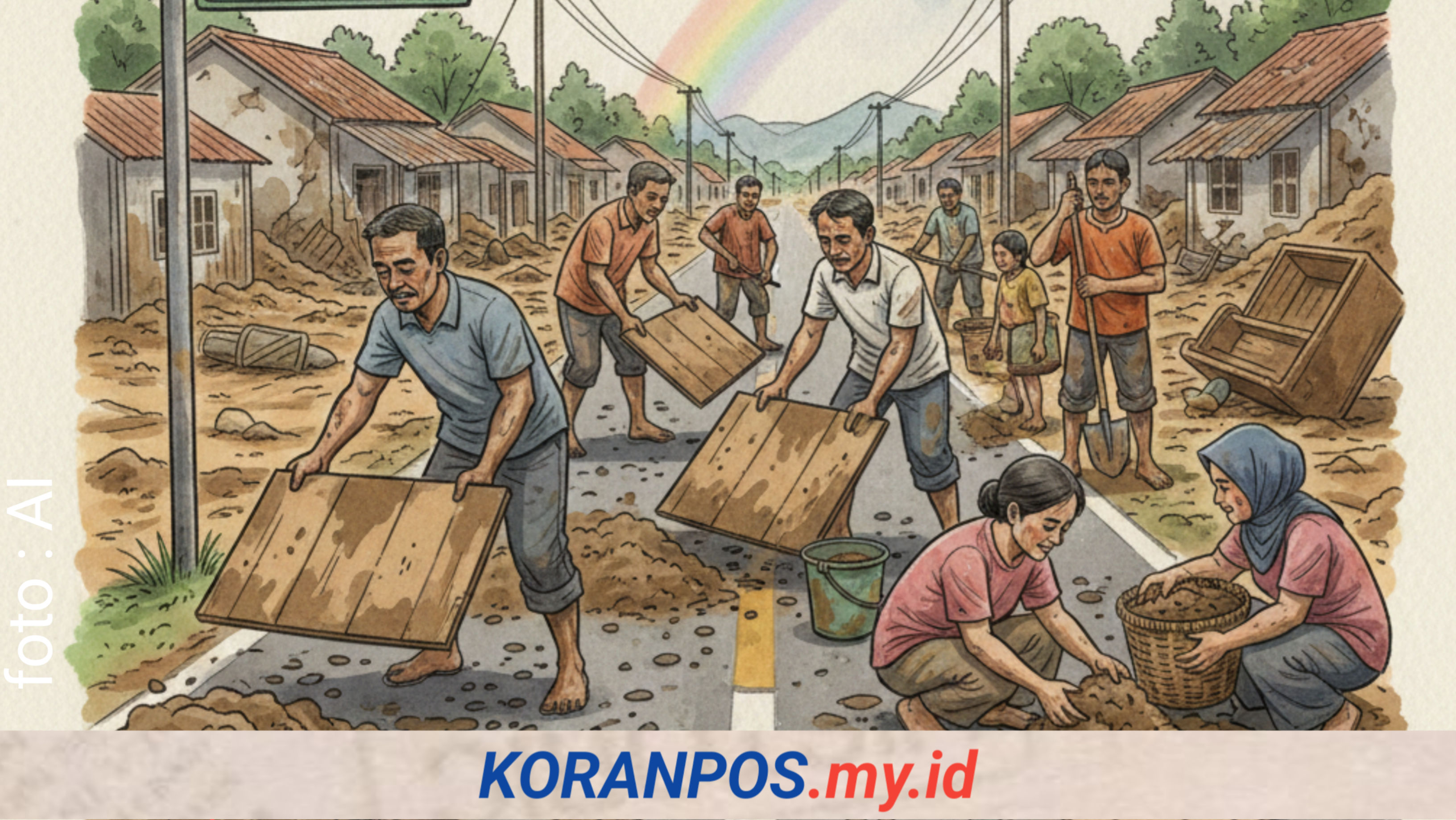 Sejumlah warga dan relawan sedang bergotong royong membersihkan sisa lumpur dan kerikil di aspal Jalan Serayu Larangan Mrebet Purbalingga menggunakan alat seadanya.