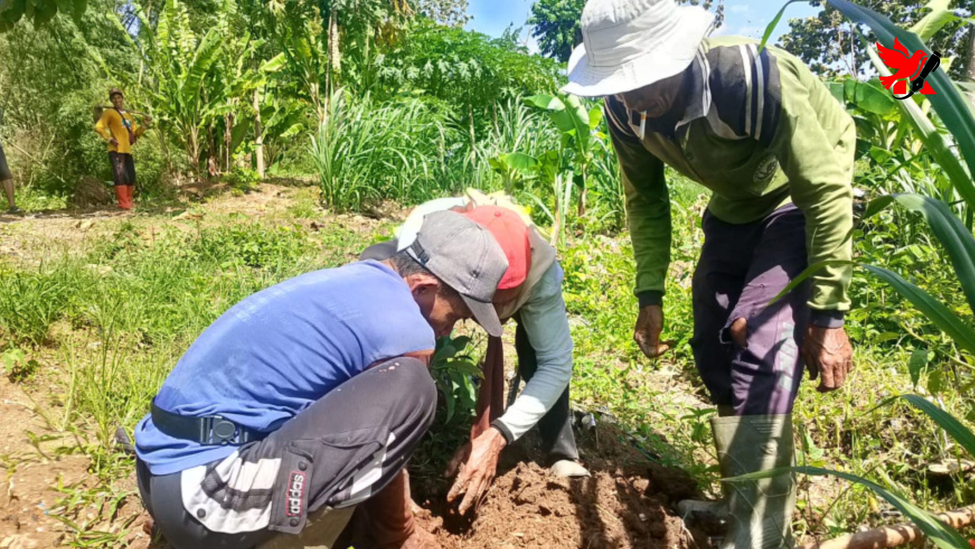 Anggota Satlinmas Desa Dagan bersama warga bahu-membahu menanam bibit pohon pelindung di area perbukitan Kawasan Ngembong untuk menjaga kelestarian alam.