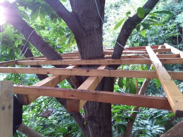 Structure of the platform after beeing reinforced with additional beams. The iron cables previously used as a reinforcement are no more nedded