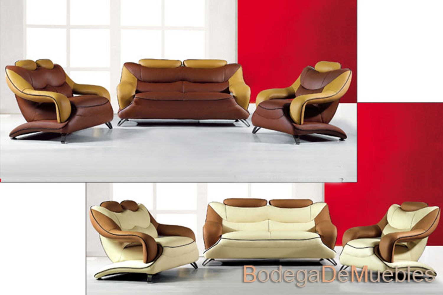 Sala de Piel Moderna Color Café y Beige "Page" Bodega de Muebles Mueblería Online