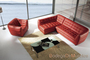 sala esquinera con sillon individual de piel color rojo