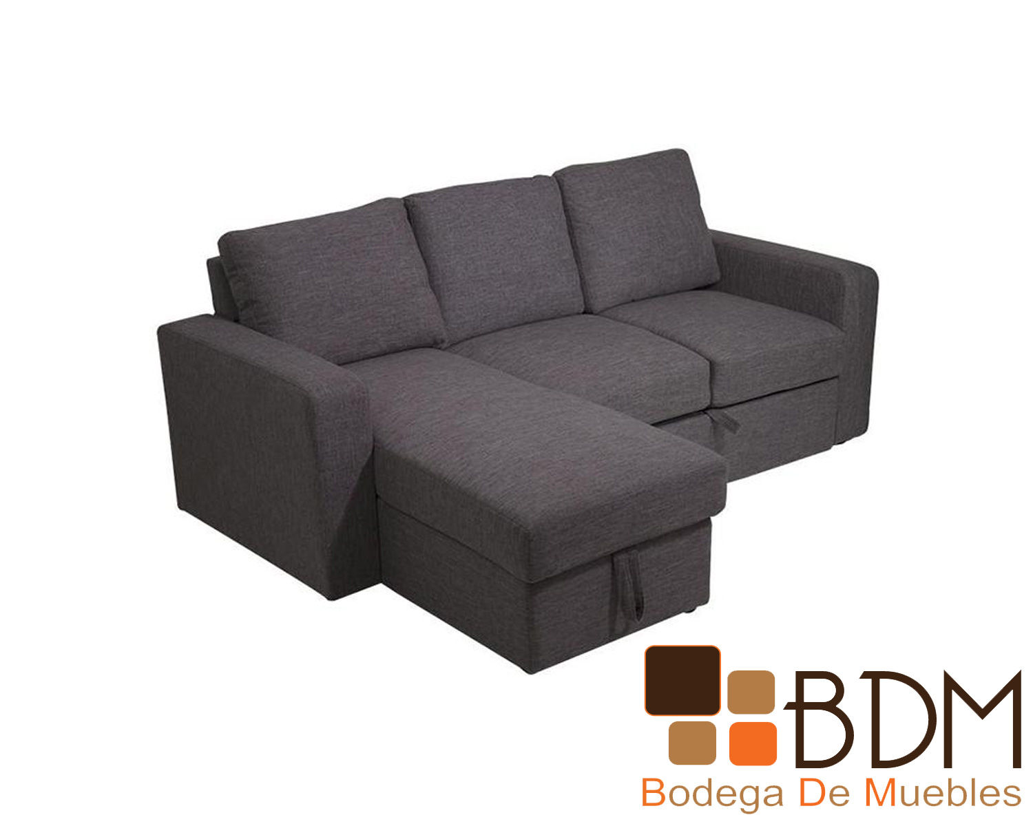 Sofa cama tapizado en tela color gris con baul