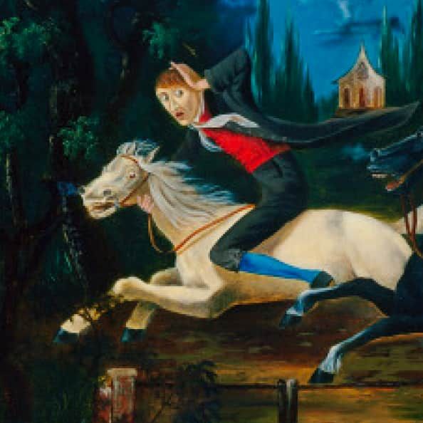 A terrified Ichabod Crane on a horse being chased by the headless horseman, who is getting ready to throw his pumpkin head at Ichabod. With his schoolhouse in the background.