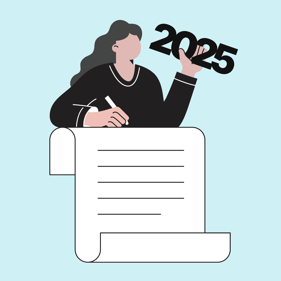 Illustration of a woman holding a long to-do list, with the year '2025' written on it