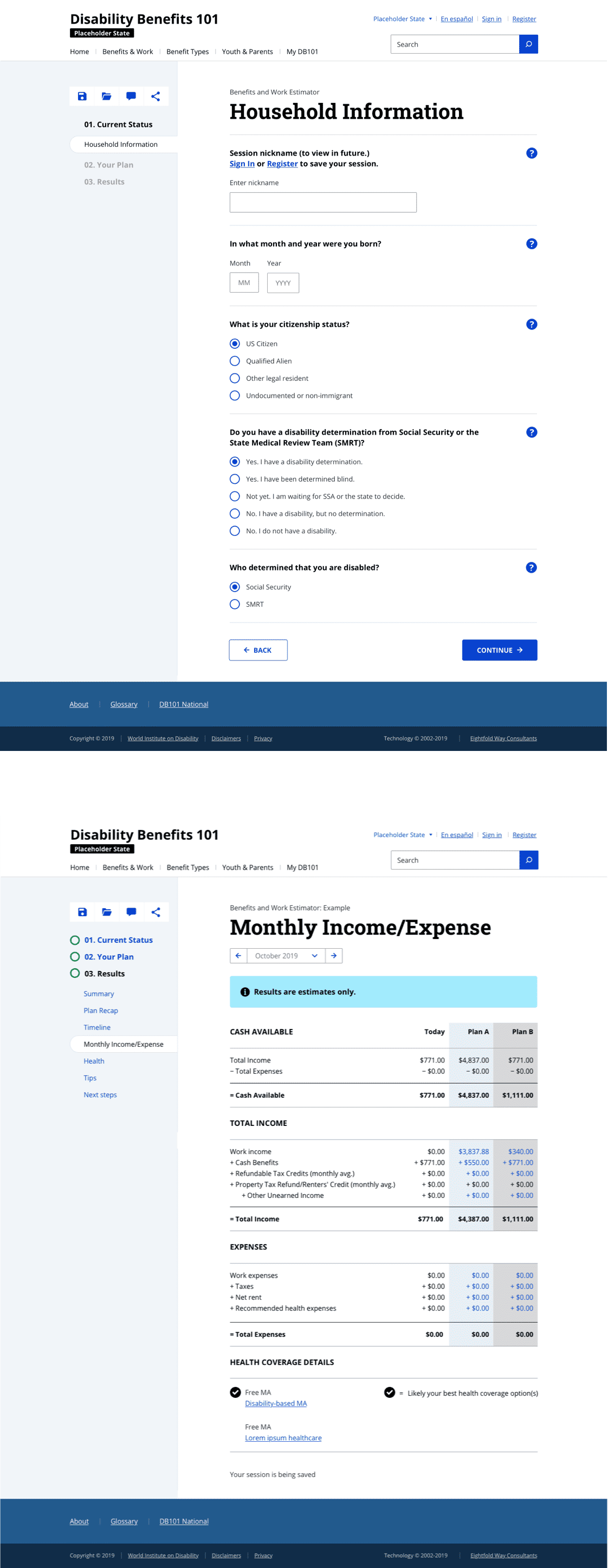 Two screenshots of DB101 Benefits and Work Estimator, showing clean data structure.