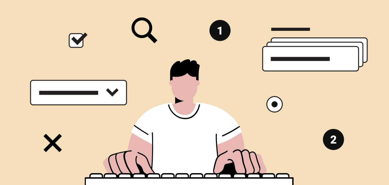 Illustration of a person in front of a computer, with form controls and icons floating all around them.