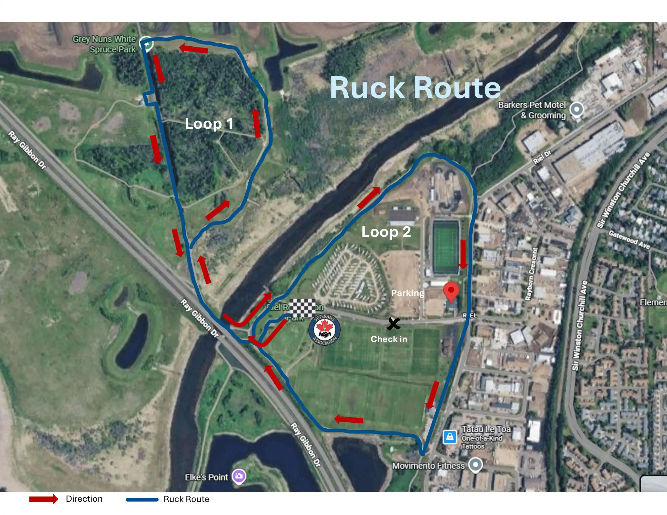 Ruck route map: Loop 1 through Grey Nuns White Spruce Park and Loop 2 around the sports fields, with parking and check-in marked