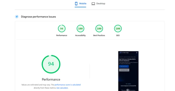 J.A Web Design PageSpeed Insights scores — 94 Performance, 100 Accessibility, 100 Best Practices, 100 SEO