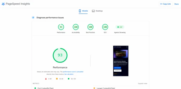 J.A Web Design PageSpeed Insights scores — 94 Performance, 100 Accessibility, 100 Best Practices, 100 SEO