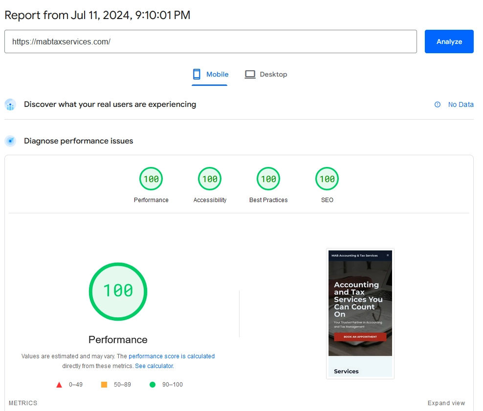 MAB Tax & Accounting Services Page Speed Results