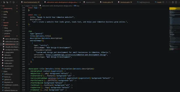 VS Code editor open during J.A Web Design development workflow, Edmonton Alberta