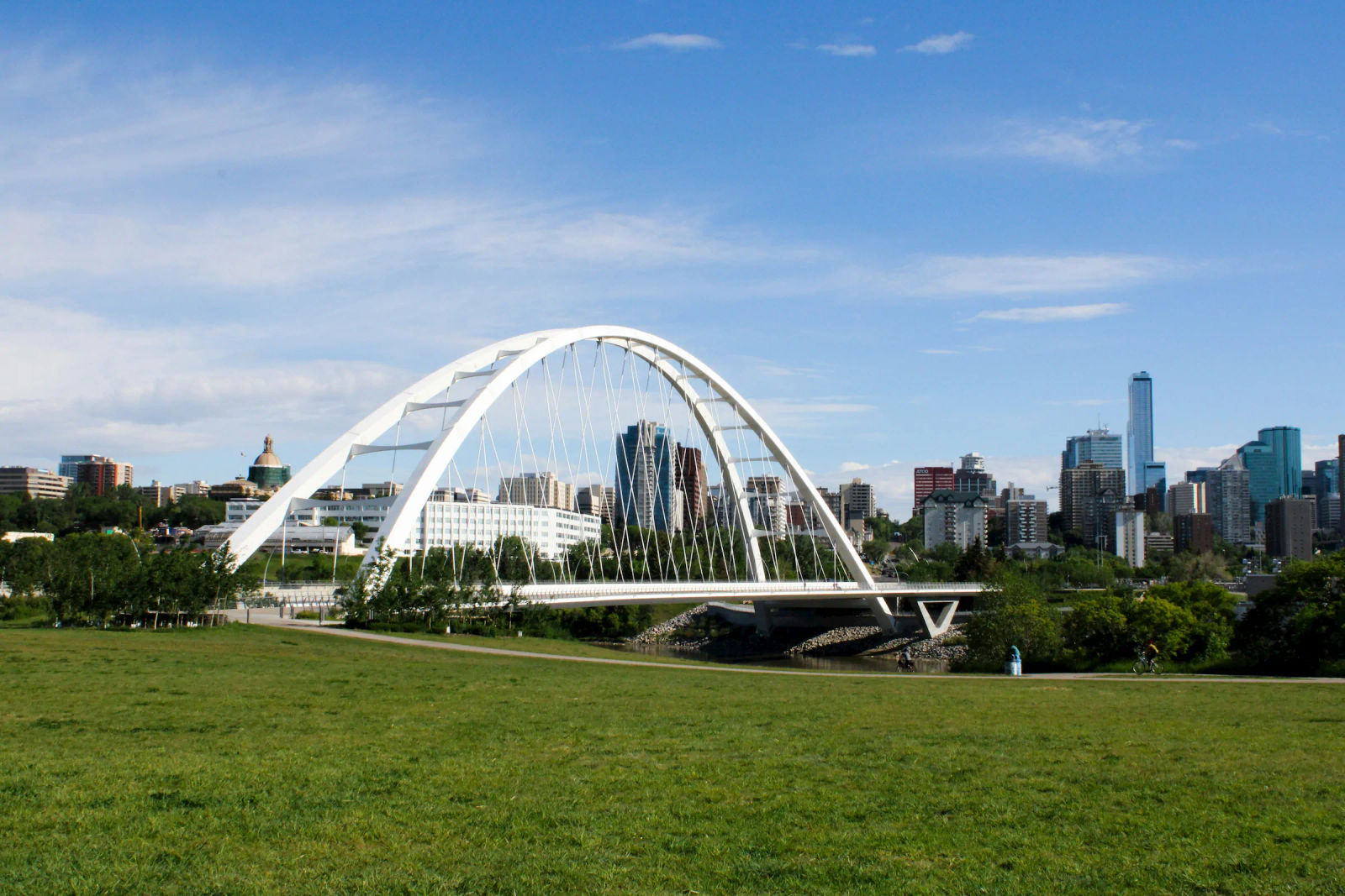 Edmonton's Walterdale Bridge and downtown skyline on a sunny summer day