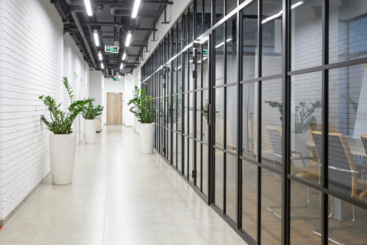 An office corridor lined with glass partition walls