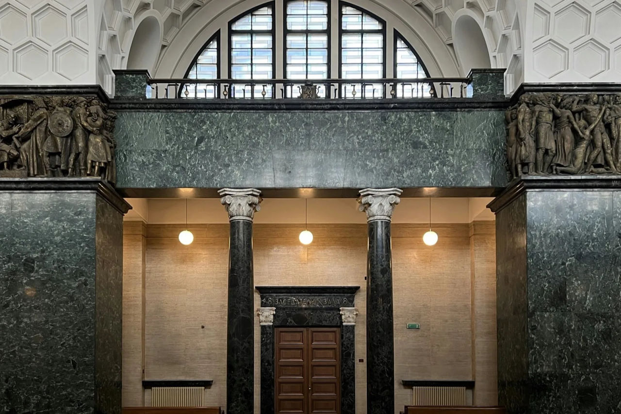 The stone interior of a courthouse building