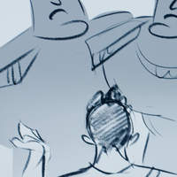 Digital storyboard sketches of a figure viewed from behind speaking with two figures facing forward.