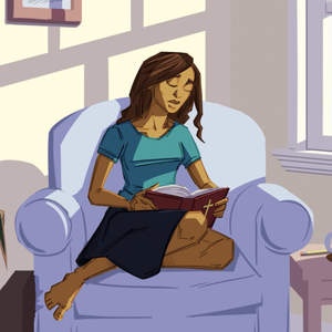 Illustration of a person reading the Bible in a comfortable chair