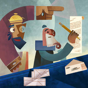 Illustration in geomtric style of a New Testament author writing