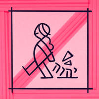 Line art icon of a person dragging the Hebrew letters of God’s name behind them, on a pink background.