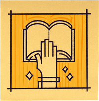 Line art icon of a hand turning the pages of an open book on a golden background.