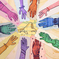 Collage of colorful hand-drawn illustrations of hands on torn paper scraps reaching towards each other over a sheet of yellow paper.