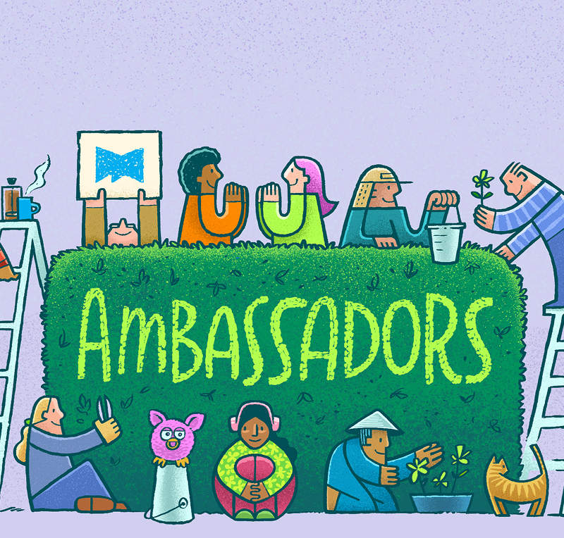 Illustrattion of BibleProject characters standing around a garden with the word Ambassadors