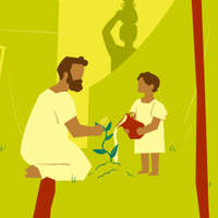 Illustration of a man and child watering a small plant together.
