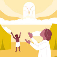 Illustration of a person with raised arms before a robed figure, with a bright doorway in the clouds.
