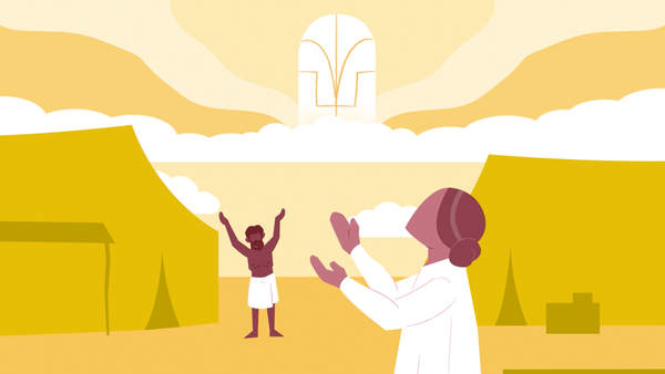 Illustration of family members with arms upraised outside of tents