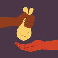Illustration of one hand holding a tied money pouch above an open hand.