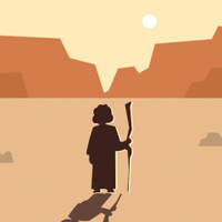 Illustration of a lone figure with a staff standing in a desert at sunset.