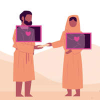 Illustration of two robed figures with an x-ray effect revealing their hearts.