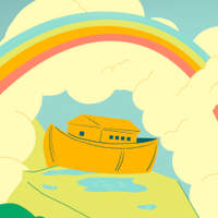 Illustration of an ark resting beneath a rainbow among clouds.