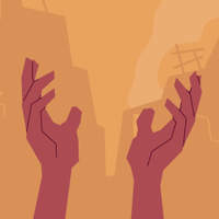 Illustration of two raised hands reaching upward against a backdrop of cliffs.