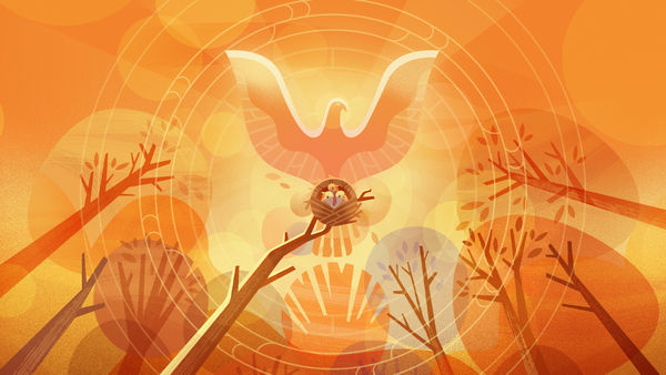 Illustrated image of a dove flying above trees with an orange and yellow background.