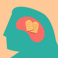 Illustration of two stone tablets inside a large teal head silhouette.