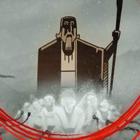 Illustration of a robed figure holding a staff over a gropu of people, with red lines sweeping across the scene.