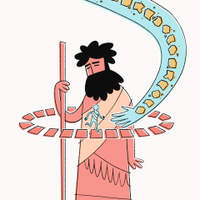 Illustration of Moses holding a staff, with a path winding around him, and the hand of God descending to offer help.