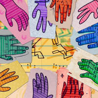 Collage of colorful hand-drawn illustrations of hands on torn paper scraps reaching towards each other over a sheet of yellow paper.