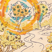 Wallpaper illustration of two trees bearing fruit beside a winding path, in yellow and teal tones.
