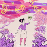 Wallpaper illustration of a person reaching toward a glowing compass among colorful trees.