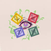Wallpaper illustration of the eye icon surrounded by four colorful commandment icon cards.
