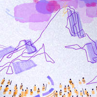 Wallpaper illustration of a crowd gathered at the foot of a purple mountain.
