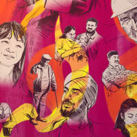 Wallpaper collage of sketched portraits of diverse people, in red and yellow tones.