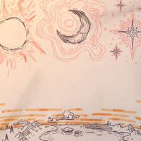 Wallpaper illustration of the sun, moon, and stars sketched above a landscape, in warm tones.
