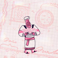 Wallpaper illustration of a robed person cradling glowing jewels to his chest, on a pink grid background.