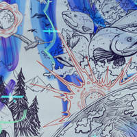 Wallpaper illustration of fish swimming upstream among trees and mountains, in blue tones.
